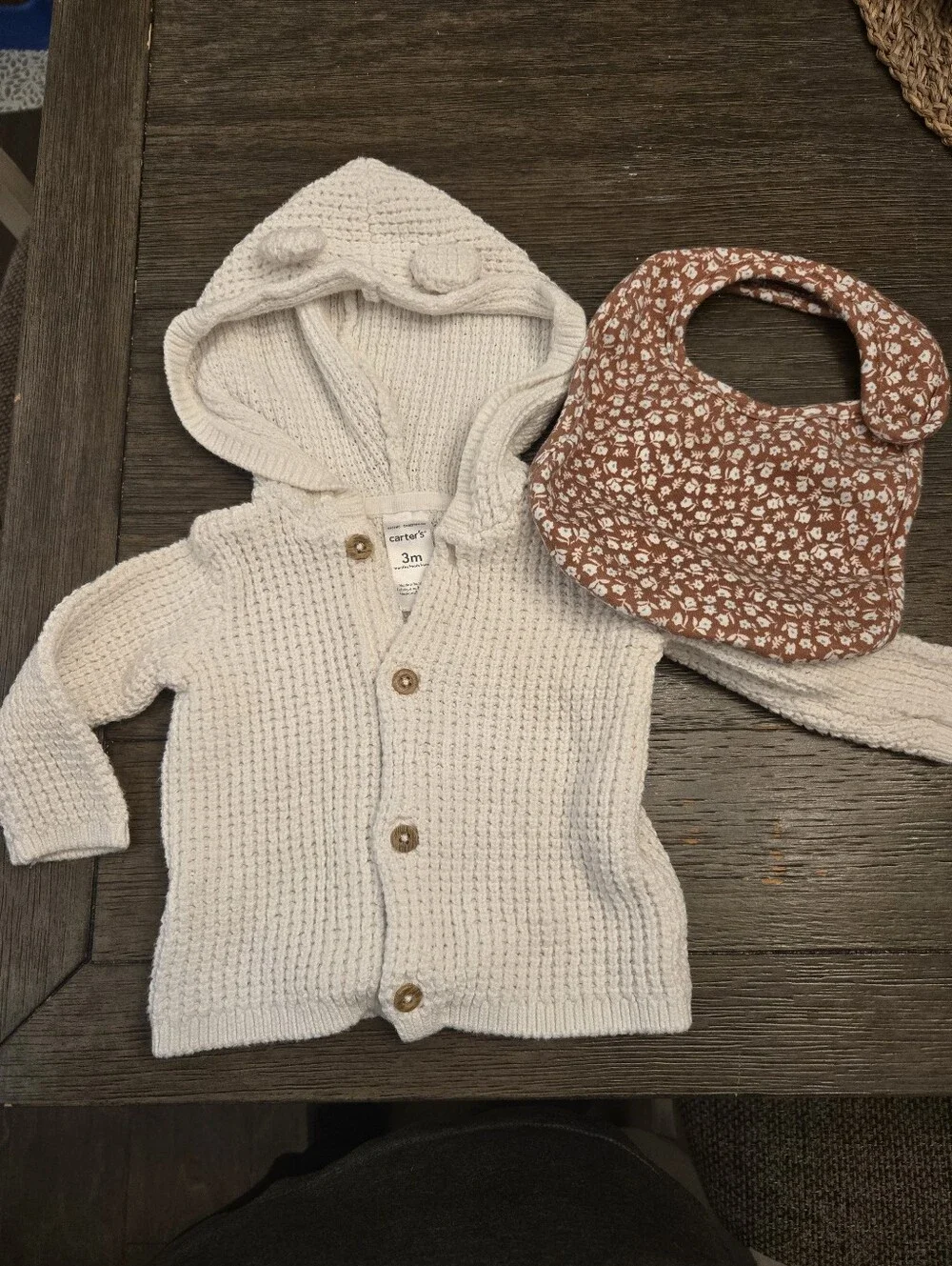Carter's White Knit Hooded Cardigan with Brown Floral Bib Size 3 Months